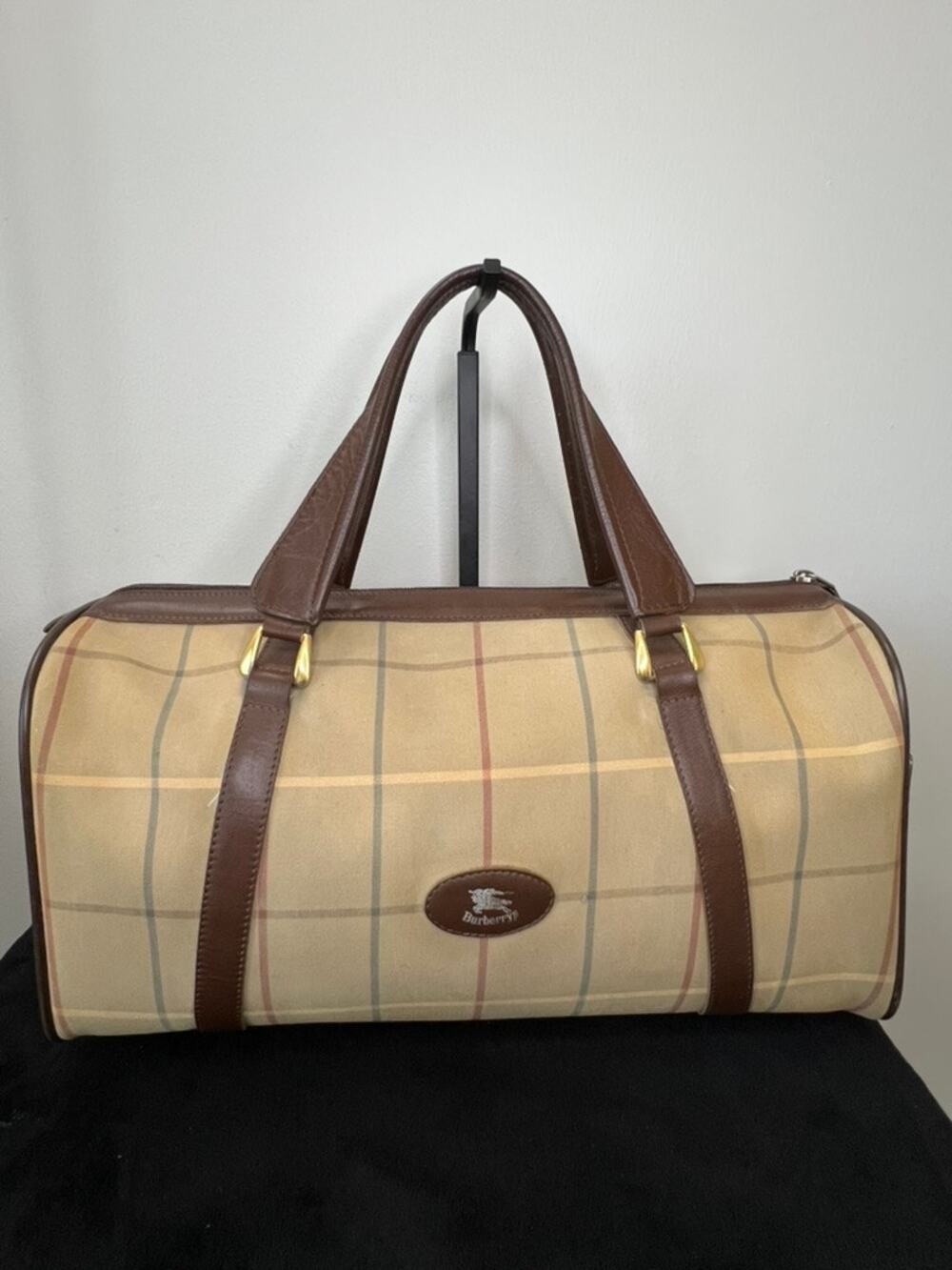Authentic Burberry House Check Boston Duffel Travel Bag Brown Leather Vintage